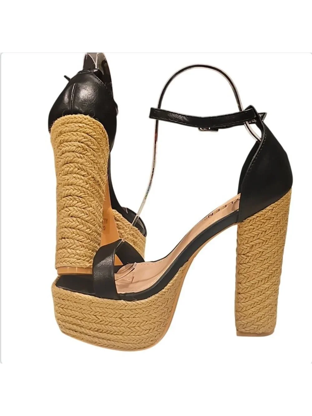 Black Platform High Heel Sandals With Woven Straw Sole & Ankle Strap Heel Chic